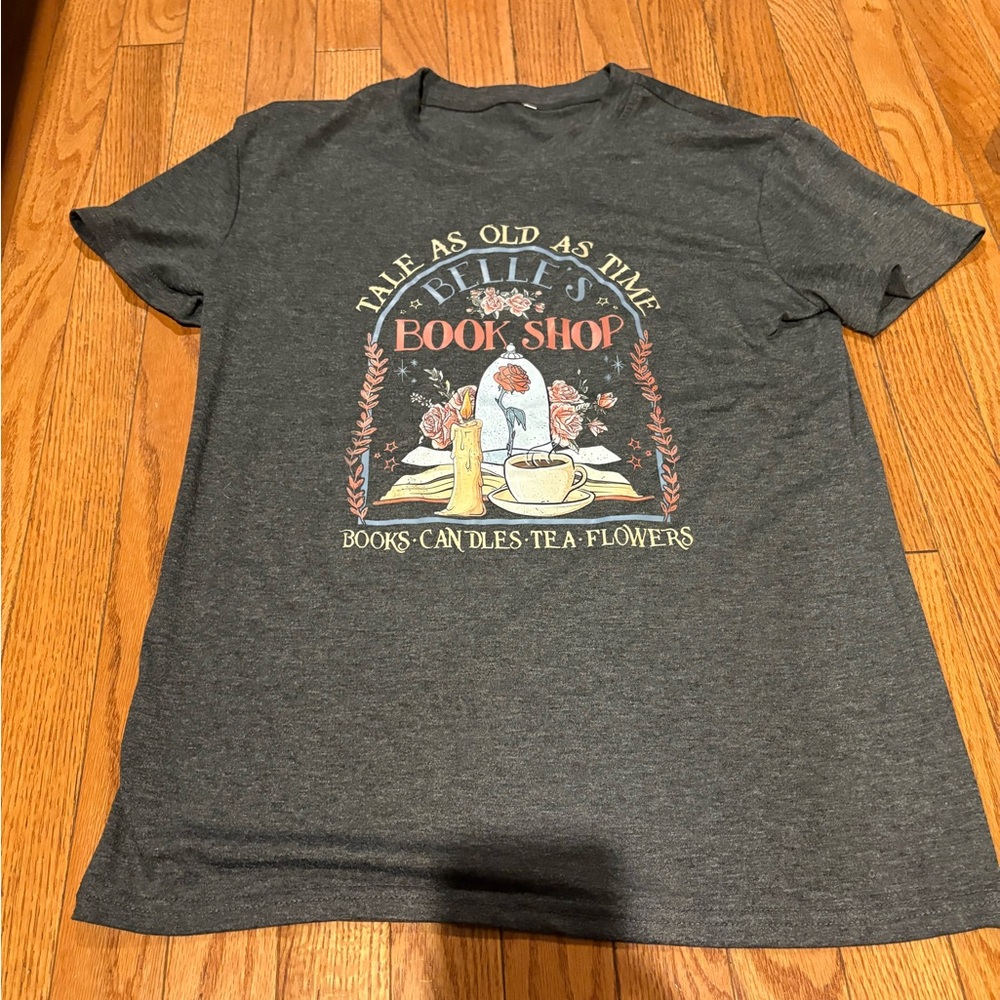 NWOT Disney Themed Gray Graphic Tee with Belle's Book Shop Design
